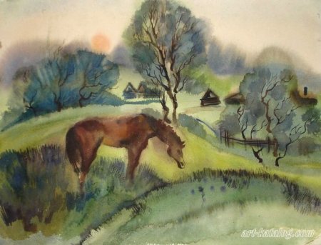 Пейзаж с животными гуашью