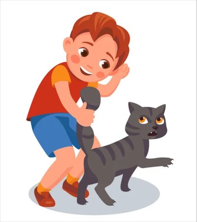 Мальчик дергает кота за хвост