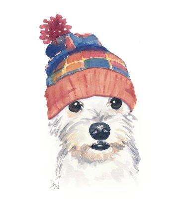 Пёсик акварелью в шапочке новогодней