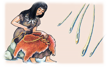 Древний человек шьет одежду