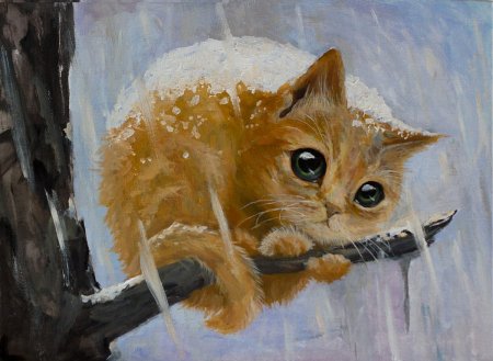 Рыжий котенок под дождем