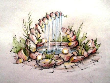 Фонтан цветными карандашами