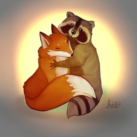 Лиса обнимает лисят