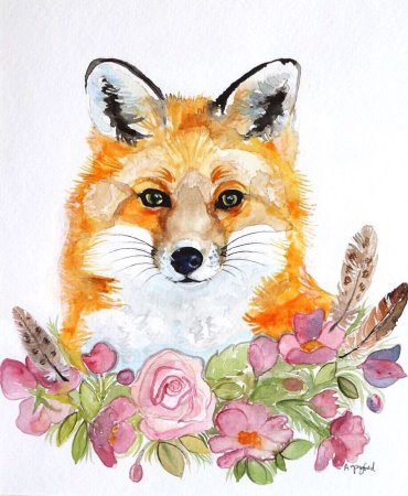 Лисичка акварелью с цветами
