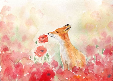 Акварельная лиса в цветах