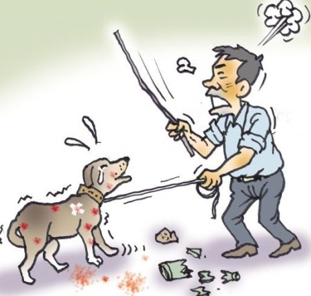 Человек бьет собаку палкой