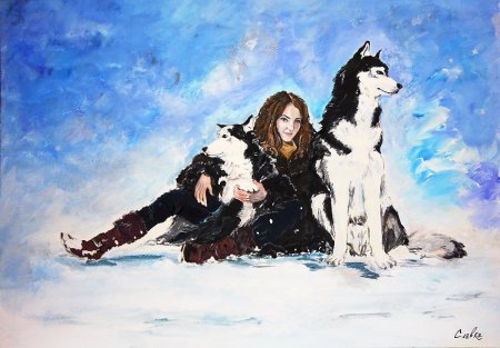 Человек и собака гуашью