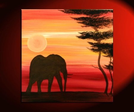 Картина слоны на закате