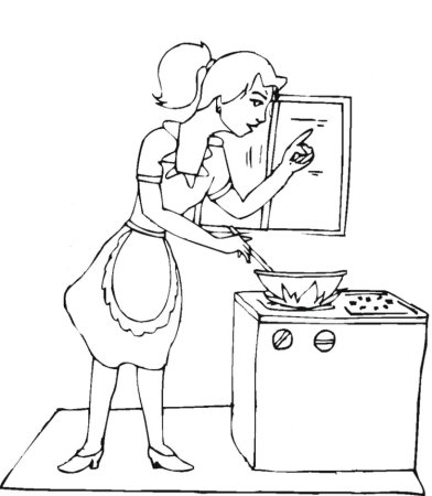 Раскраска мама на кухне для детей