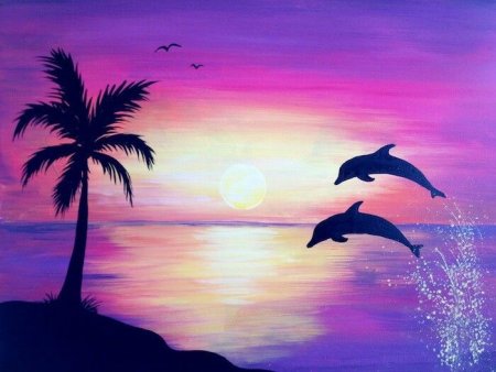 Пейзаж с пальмами и дельфинами