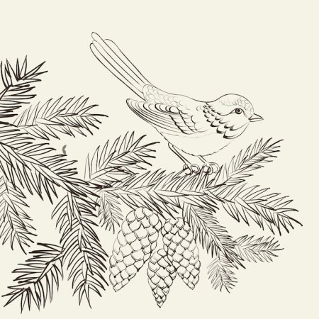 Вытынанка ветка сосны с птичками