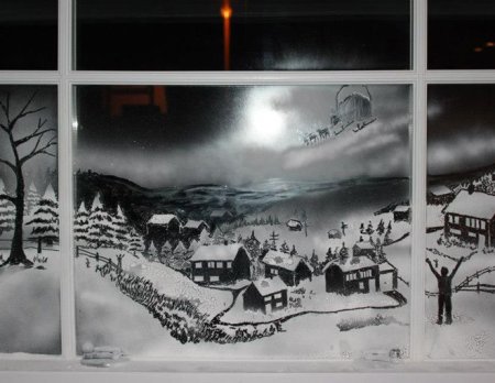 Зимний пейзаж на окне гуашью