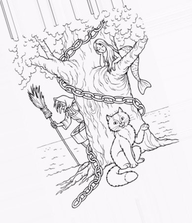 Раскраски по сказке у Лукоморья дуб зеленый Пушкина для детей