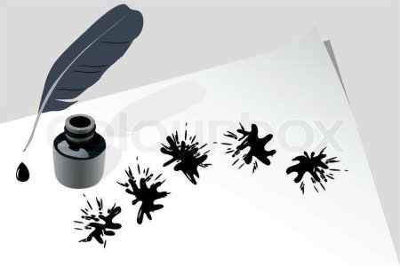 Клякса на листе с пером и чернилами