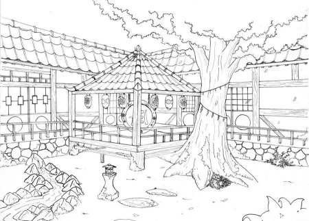 Японский сад раскраска