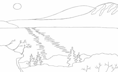 Раскраска для детей горы и озеро