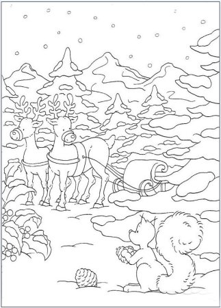 Зимний домик с елкой и снеговиком раскраска