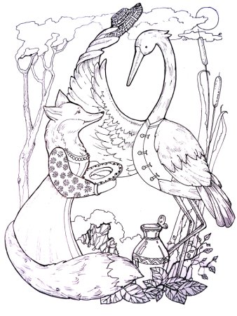 Лиса и журавль сказка раскраска