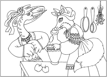 Лиса и журавль раскраска для детей