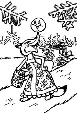 Раскраска лиса и Колобок на носу