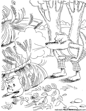 Волк из сказки три поросенка раскраска