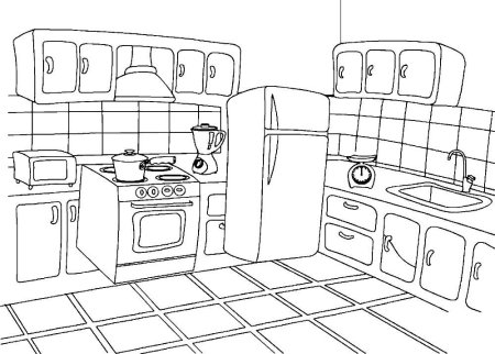 Раскраска кухня с мебелью