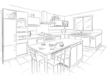 Чёрно-белые эскизы интерьер кухни