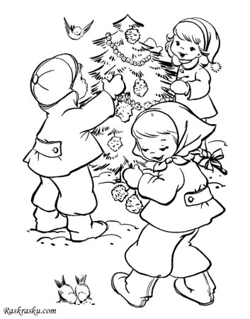 Дети наряжают елку раскраска