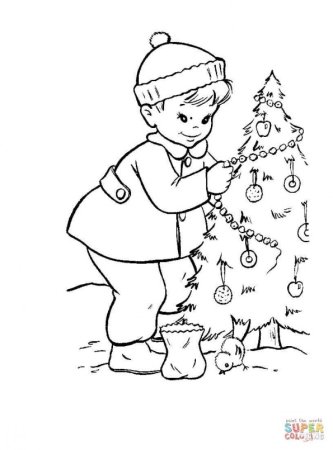 Дети наряжают елку раскраска