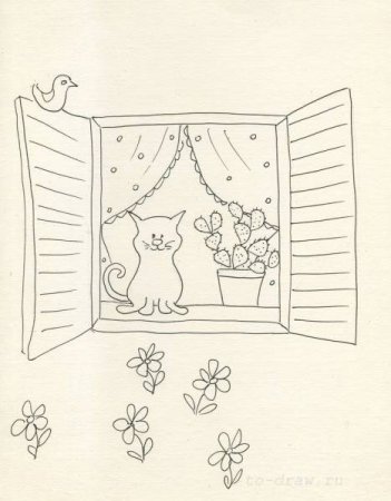 Кошка на окошке раскраска