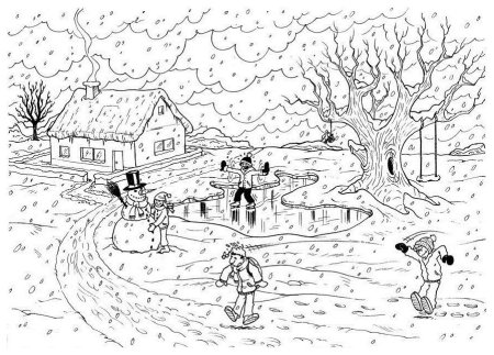 Зимний пейзаж раскраска