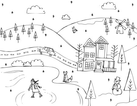 Зимний пейзаж раскраска