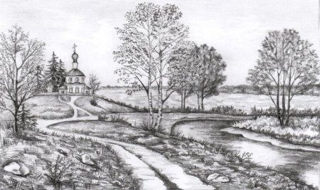 Русский пейзаж карандашом