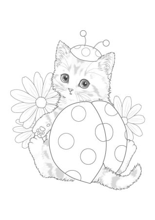 Раскраска котик с цветами