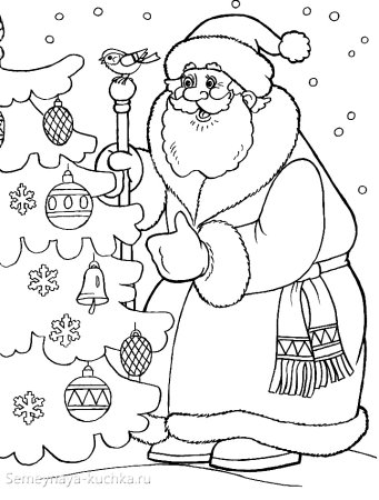 Новогодние раскраски. Дед Мороз, елочка, снегурочка, снеговик, снежинки