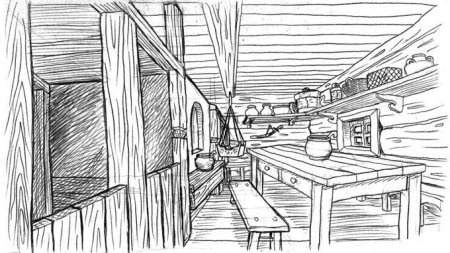 Эскиз интерьера избы