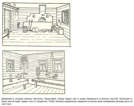 Интерьер русской избы карандашом