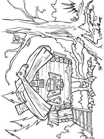 Раскраска баба Яга и избушка на курьих ножках