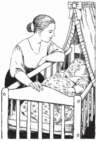 Раскраска малыш в колыбели