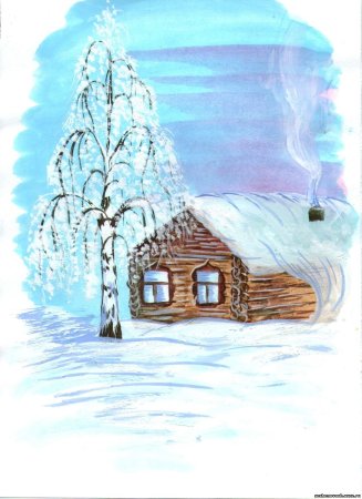Рисунок домик с березой