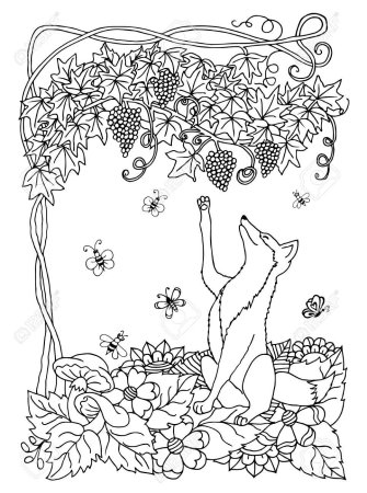 Лисица и виноград раскраска