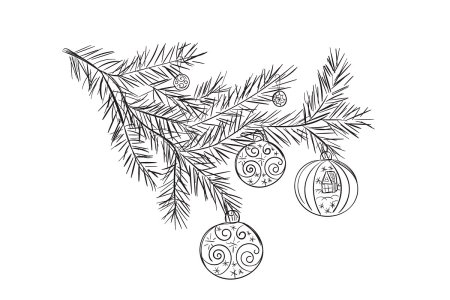 Раскраска Новогодняя ветка елки с игрушками