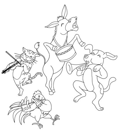 Раскраски к сказке Бременские музыканты братьев Гримм