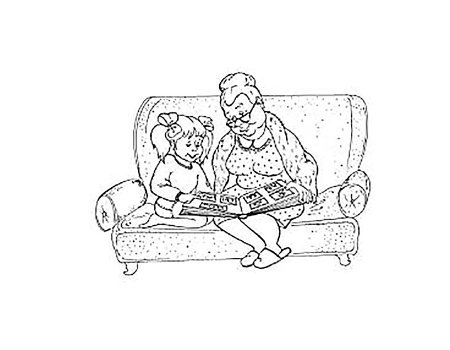 Раскраска бабушка и дедушка с внуками