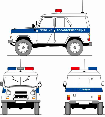 Полицейская машина УАЗ вид сбоку сзади