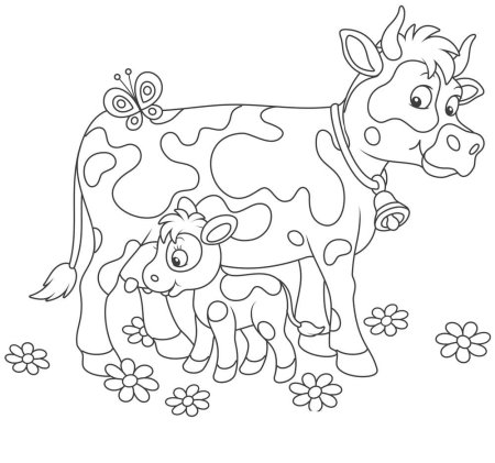 Раскраска корова с теленком для детей