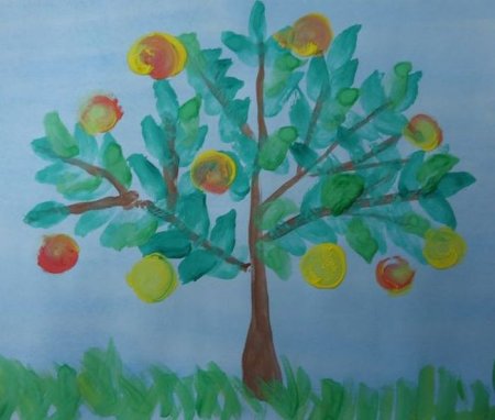 Рисование яблоня с золотыми яблоками в волшебном саду