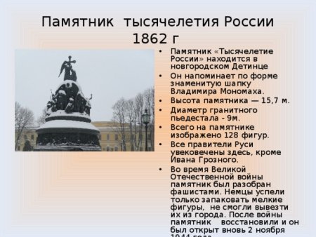 Памятник тысячелетие России Великий Новгород описание