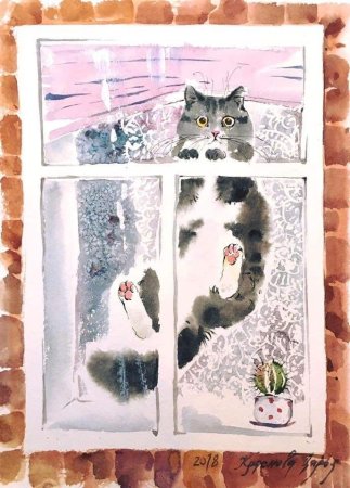 Кошка на окошке живопись