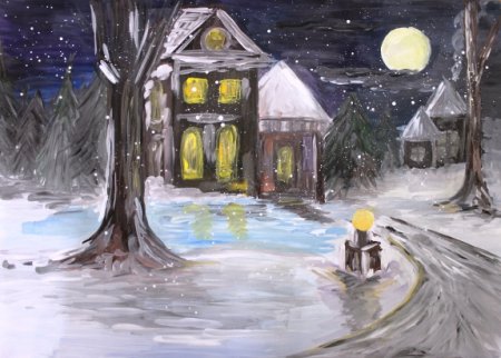 Живопись гуашью зимняя ночь